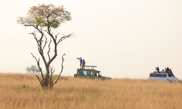 Safari voertuigen in een veld in Murchison Falls National Park, Uganda